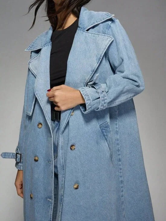Light Wash Oversized Denim Women's Long Double Breasted Trench Coat - Picture 4 of 7